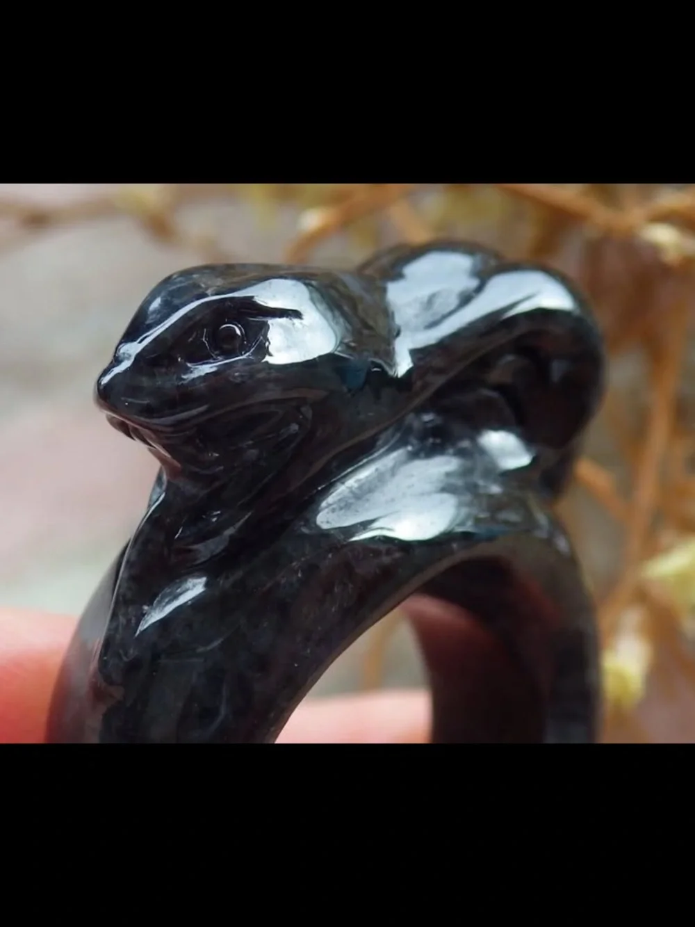 Certificate Jadeite Jade carved black Snake ring size8.5